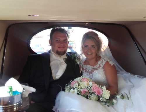 David and gemma arriving at Margam Orangry after getting married at St Annes Church Tonna big 4 car wedding